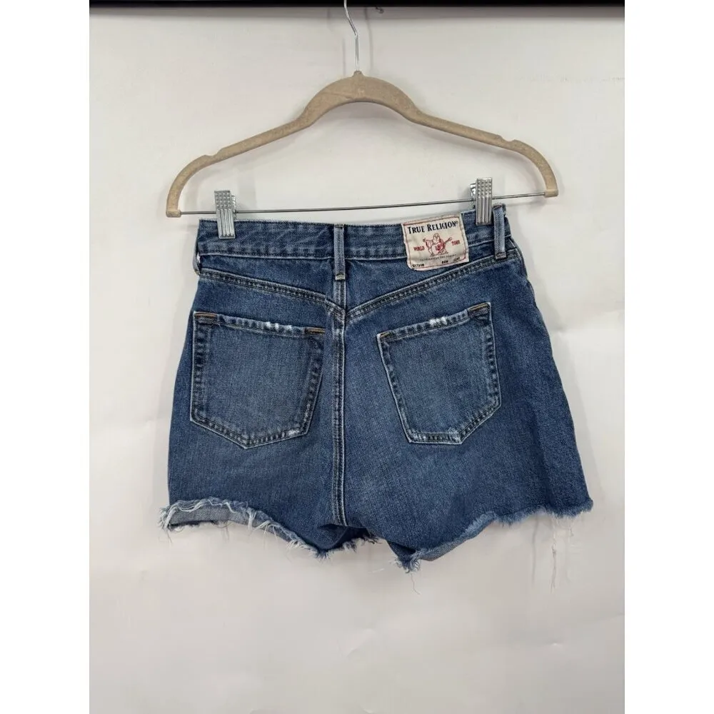 True Religion Jean Shorts Women 28 Blue Denim Distressed Preppy Grunge Skater‎ - Image 2