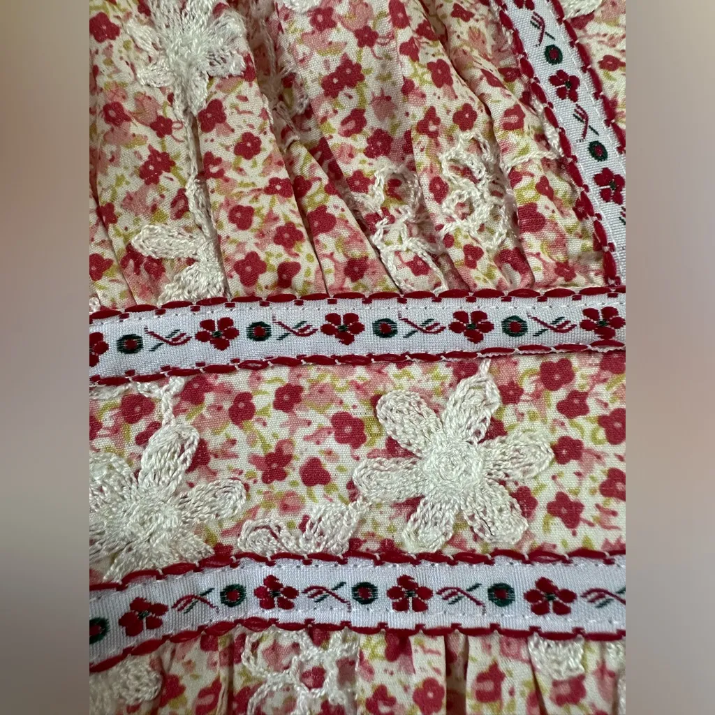 Just Me Floral Maxi Dress Red White Embroidered Boho Prairie Style Size Large - Image 4