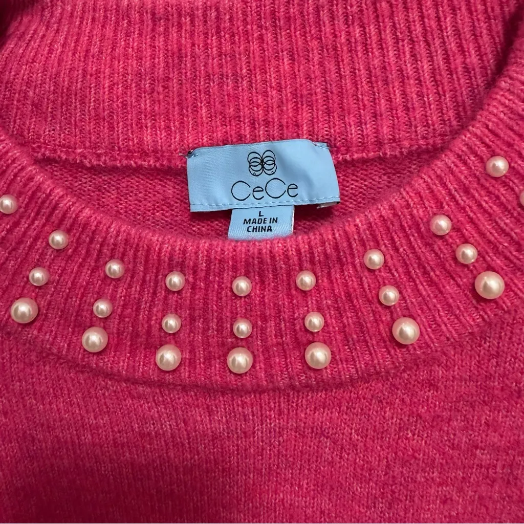 CeCe Fuchsia Beaded Crew Neck Sweater Size Large - Image 3