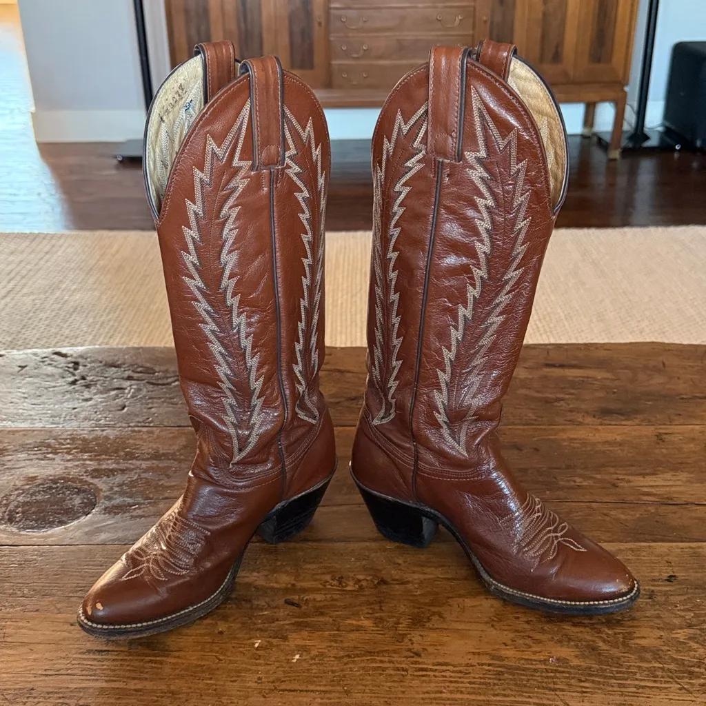 Womens Abilene Brown Leather Handmade Tall Vintage Western Boots Size 5.5 - Image 6