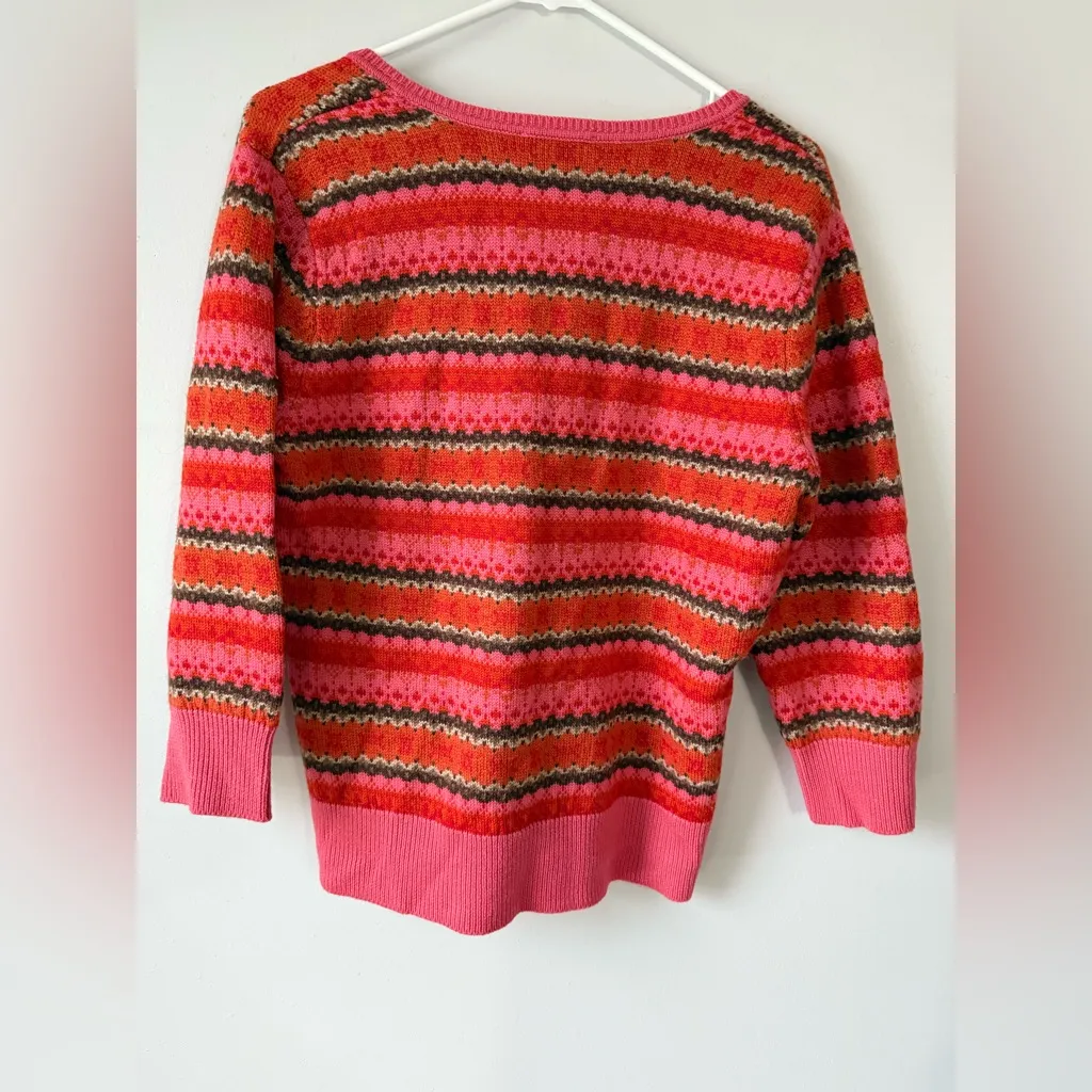 VTG Striped V-Neck Wool Sweater Multi Color Pink Red Green Hippie Boho Size S M - Image 6