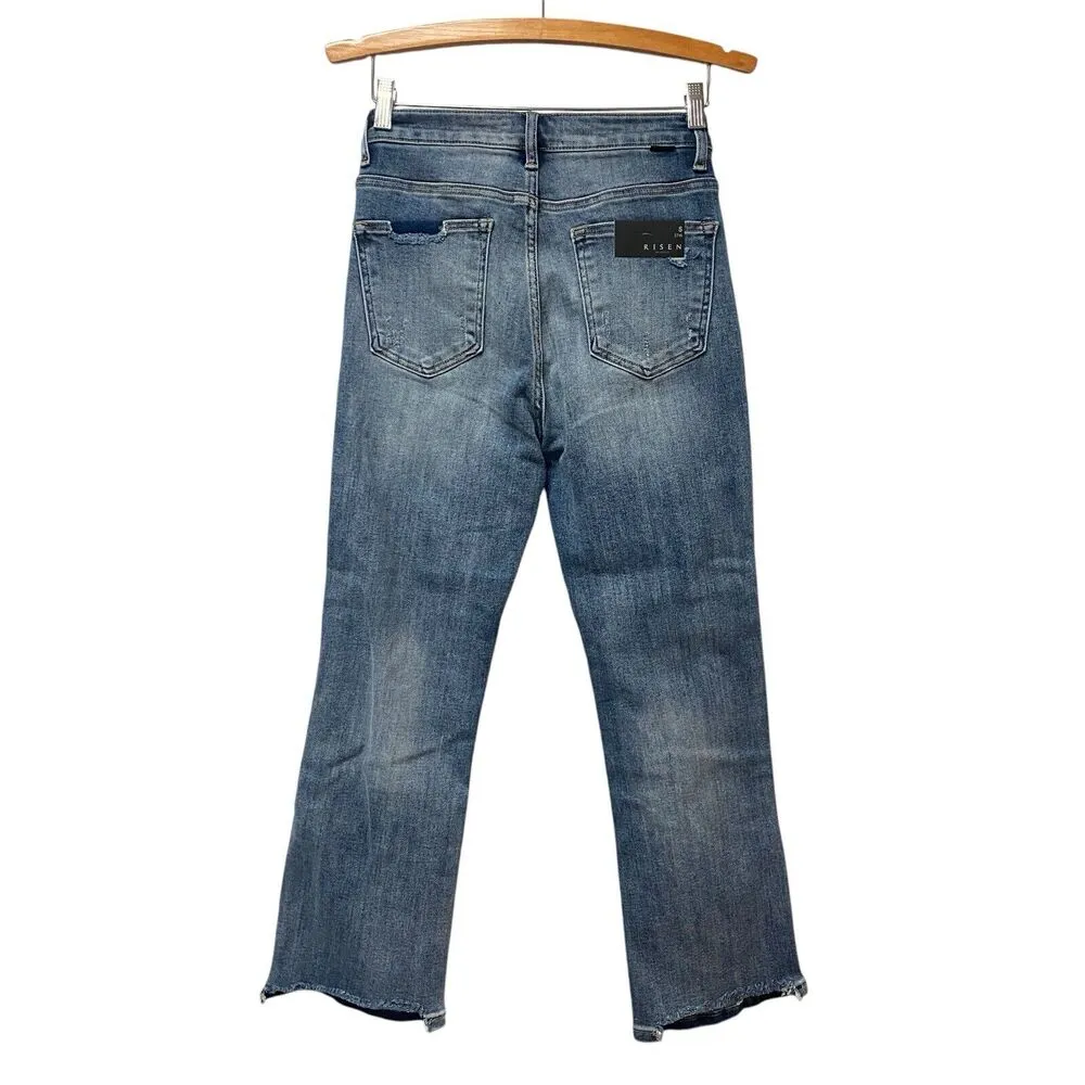 Risen High Rise Crop Flare size 5/27 Medium Wash Distressed Stretch - Image 8