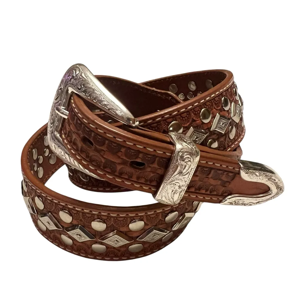 Concho Cowgirl Leather Belt with Silver Studded Hardware Brown - Image 2