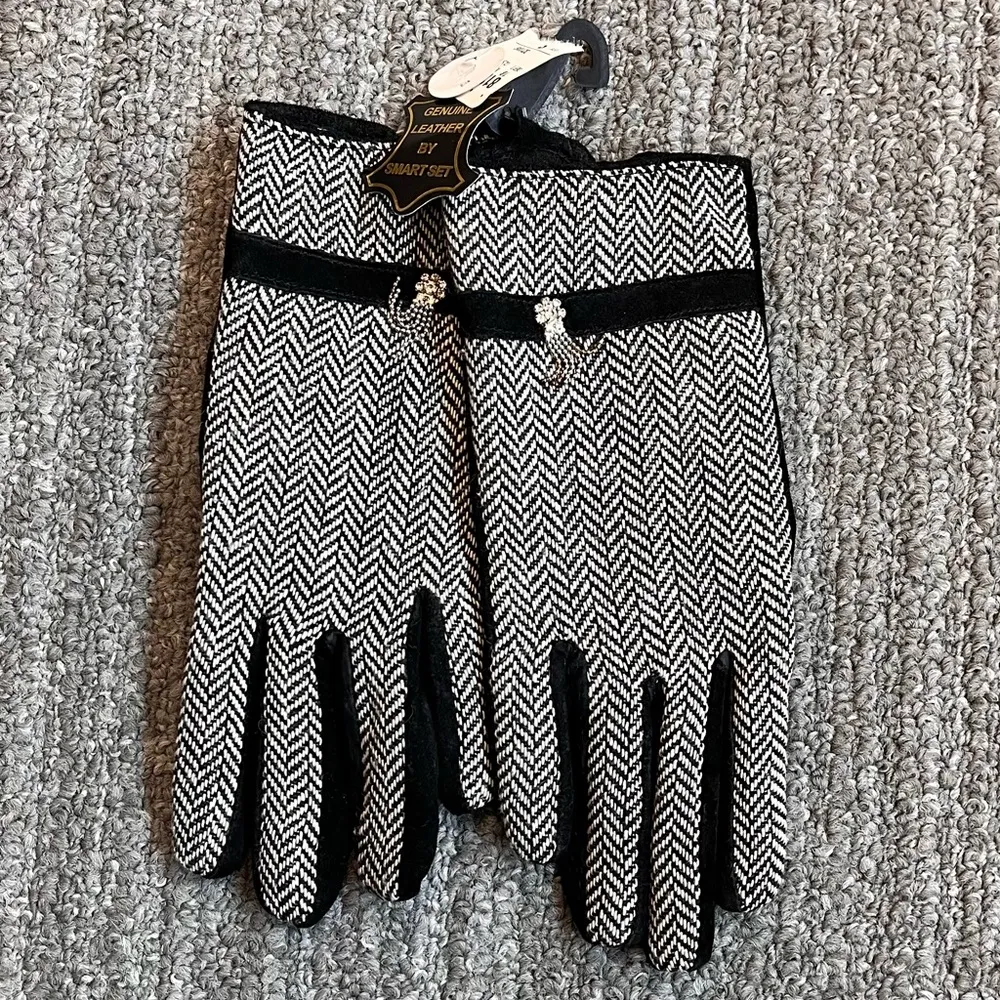Vintage Leather Gloves Black Herringbone Embellished S Small New - Image 3