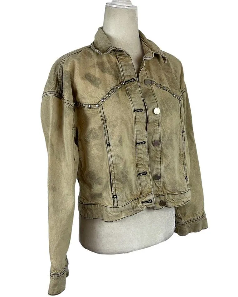 Zara Studded Z1975 Cropped Denim Jacket Tan Size XS Washed effect 100% Cotton - Image 7