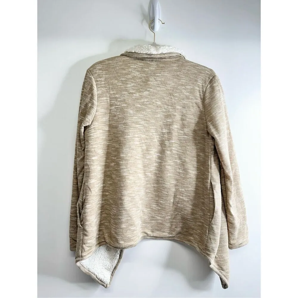 Green Tea Sherpa Lined Open Cardigan Tan Womens Size Medium Side Pockets - Image 6