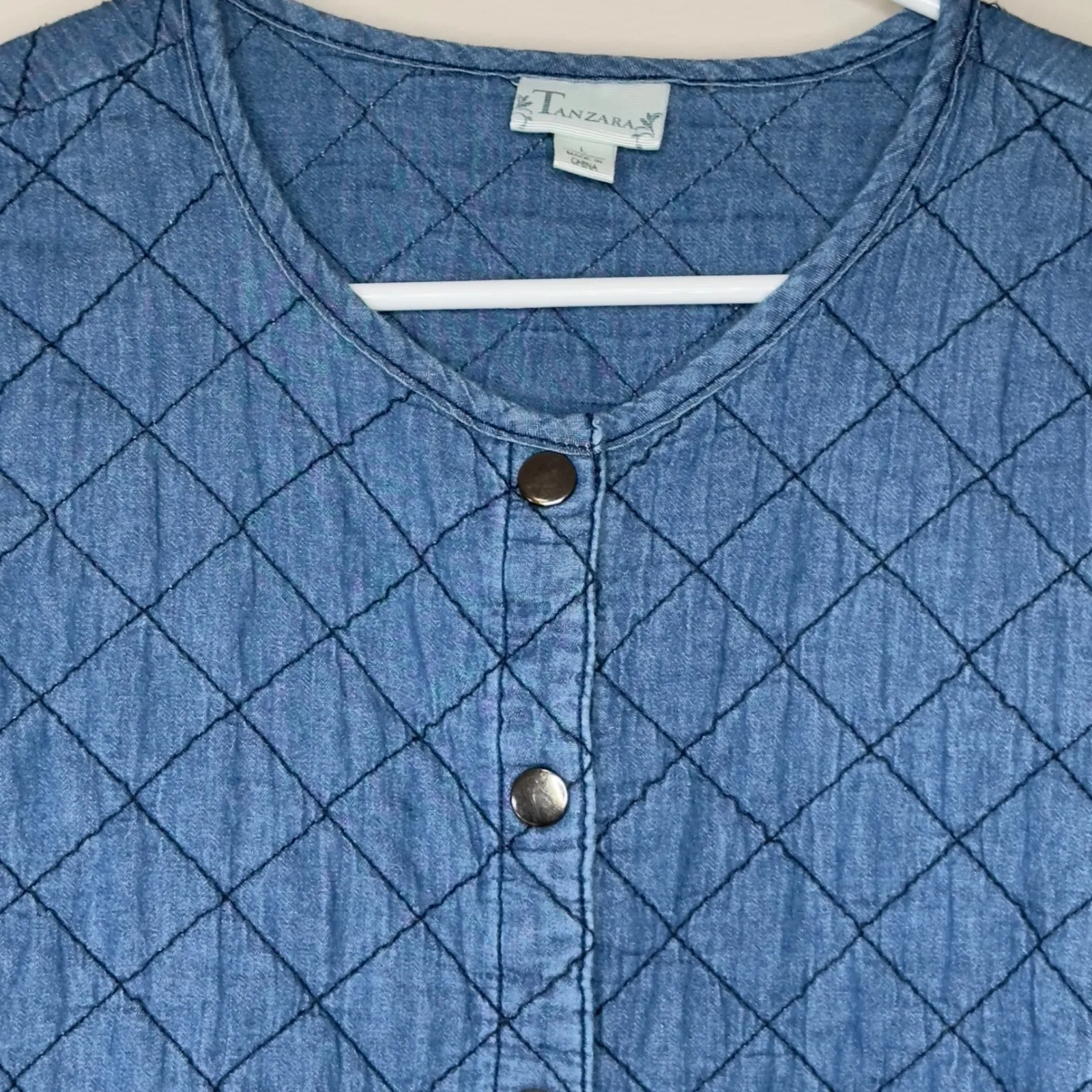 Quilted Denim Jacket Blue Button Front Long Sleeve Tanzara Size L Size L - Image 3
