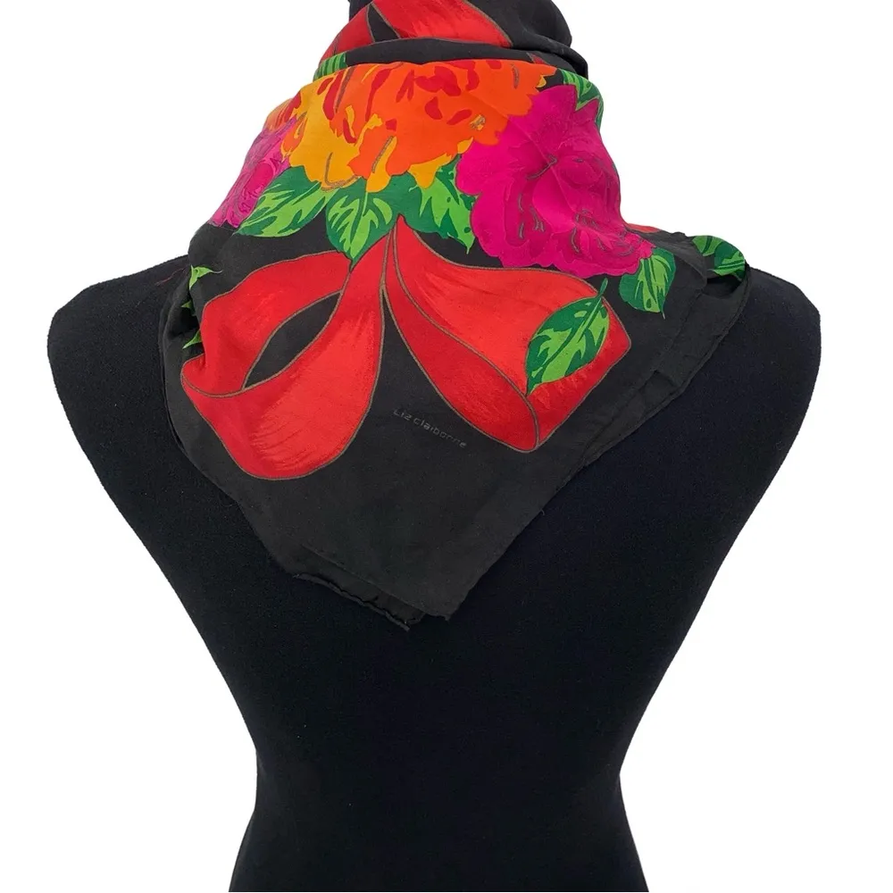 VTG LIZ CLAIBORNE Floral Square Neck Scarf Black Red Pink Green - Image 2