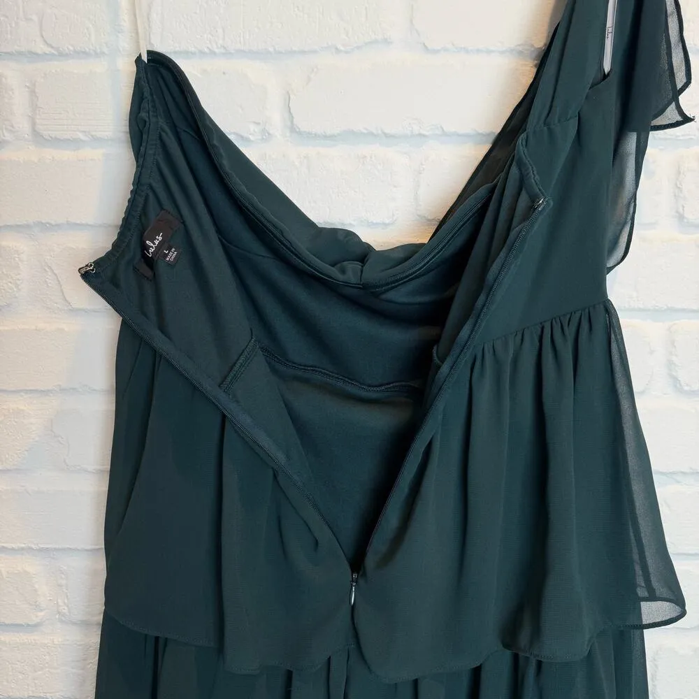 Lulus Emerald Green One Shoulder Tie Maxi Dress Tiered Ruffle Chiffon Gown Large - Image 11