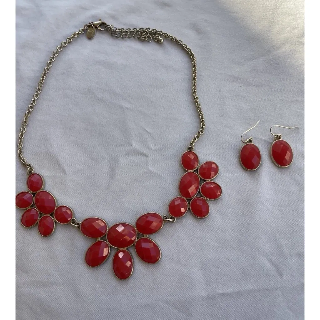 Vintage Charming Charlie Goldtone Burnt Orange Bead Scoop Necklace Earrings Gold - Image 10