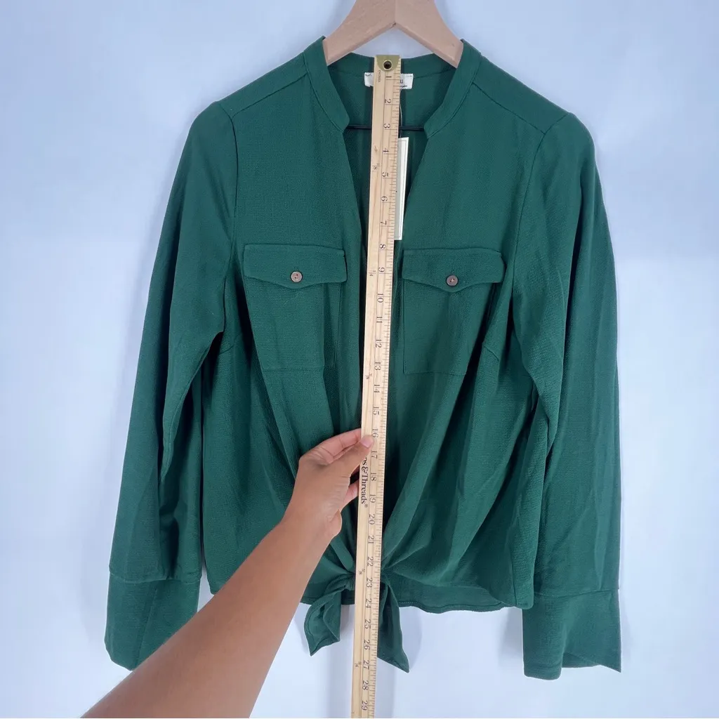 Monteau Women's Lightweight‎ Green Crepe V-Neck Tie Front Button Down Shirt XL - Image 9