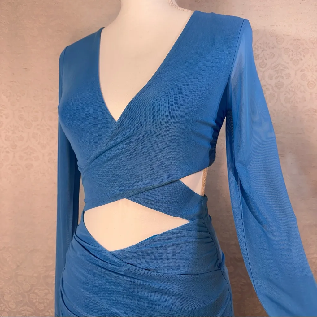 Tiger Mist Jossi Blue Mini Dress Size Small Cut-Out Sheer Long Sleeve Going Out - Image 6