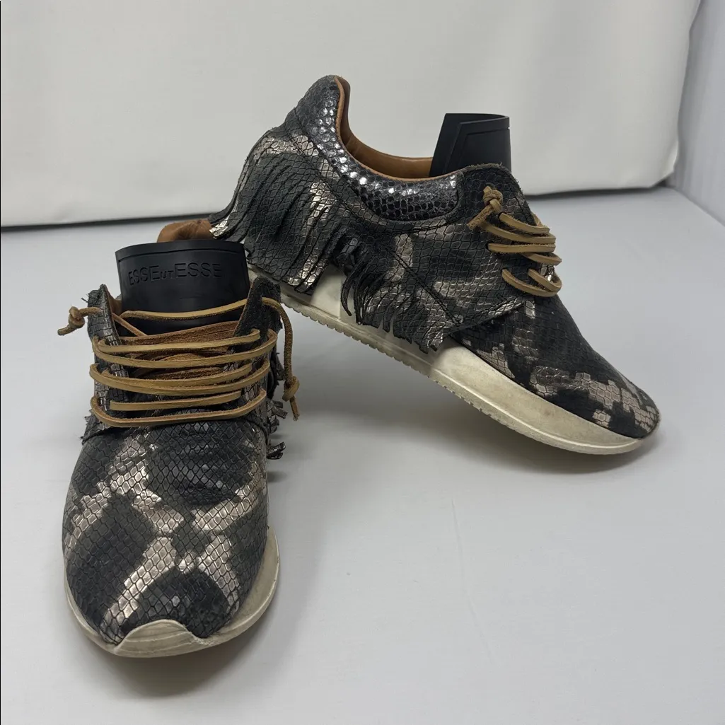 Esseutesse Python Leather Fringe Sneakers 38 Black Size 8 - Image 2