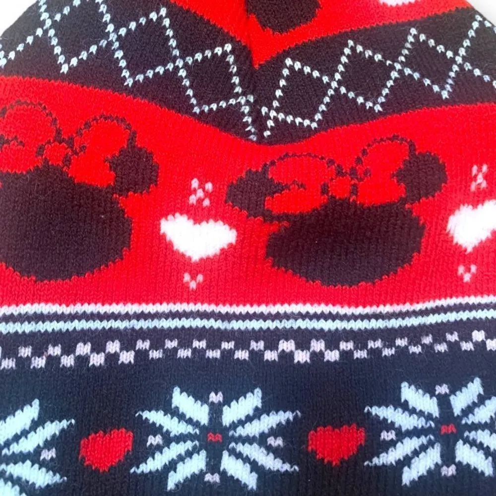 Disney Hat Minnie Mouse Fair Isle Print Red Black Fleece Lined Black Pompom - Image 6
