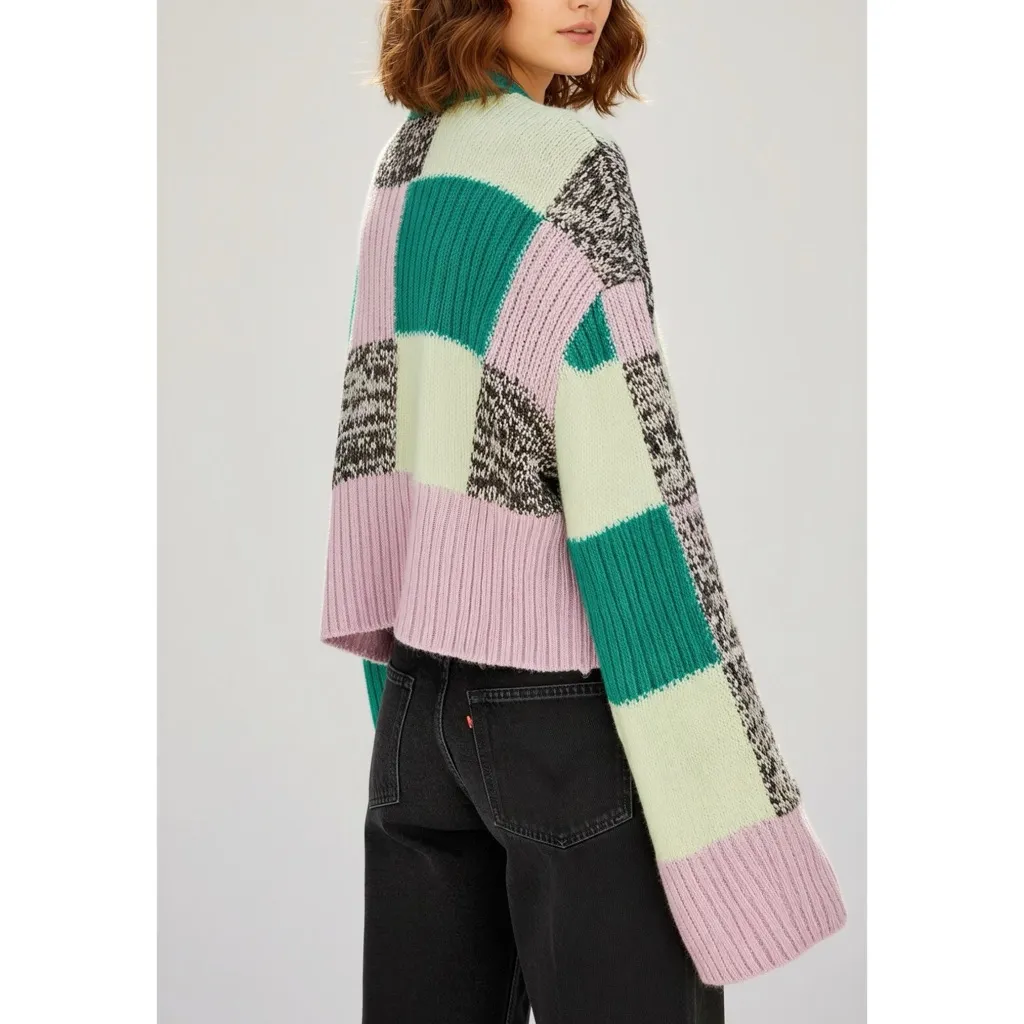 FOR LOVE & LEMONS Finley Oversized Sleeves Cropped Knit Sweater,Green Check, XXS - Image 3