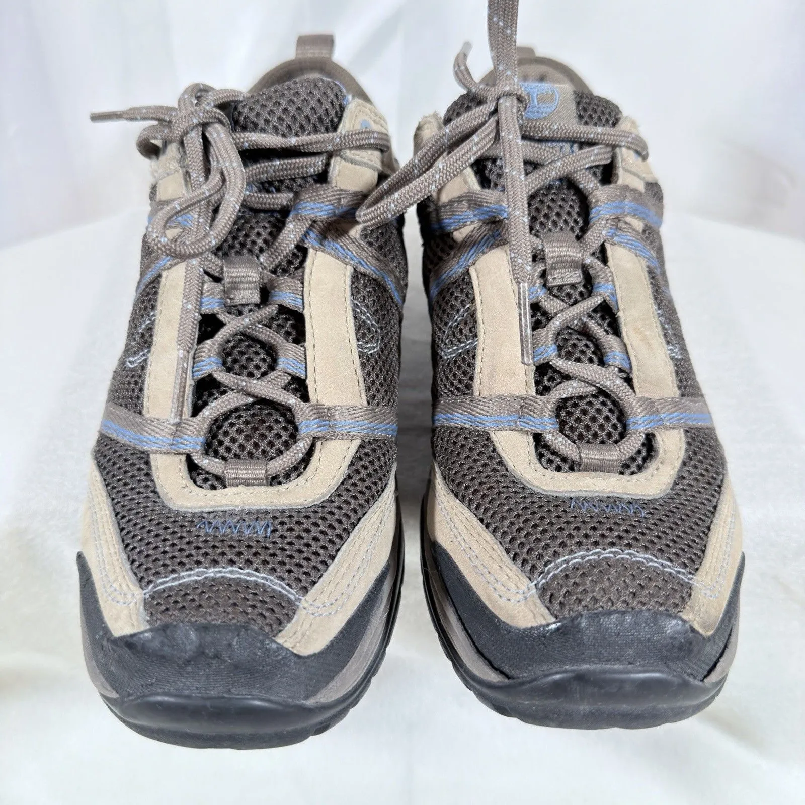 Timberland Womens 8 OrthoLite Hiking Sneaker Khaki Blue Leather Low Vibram Boot - Image 3