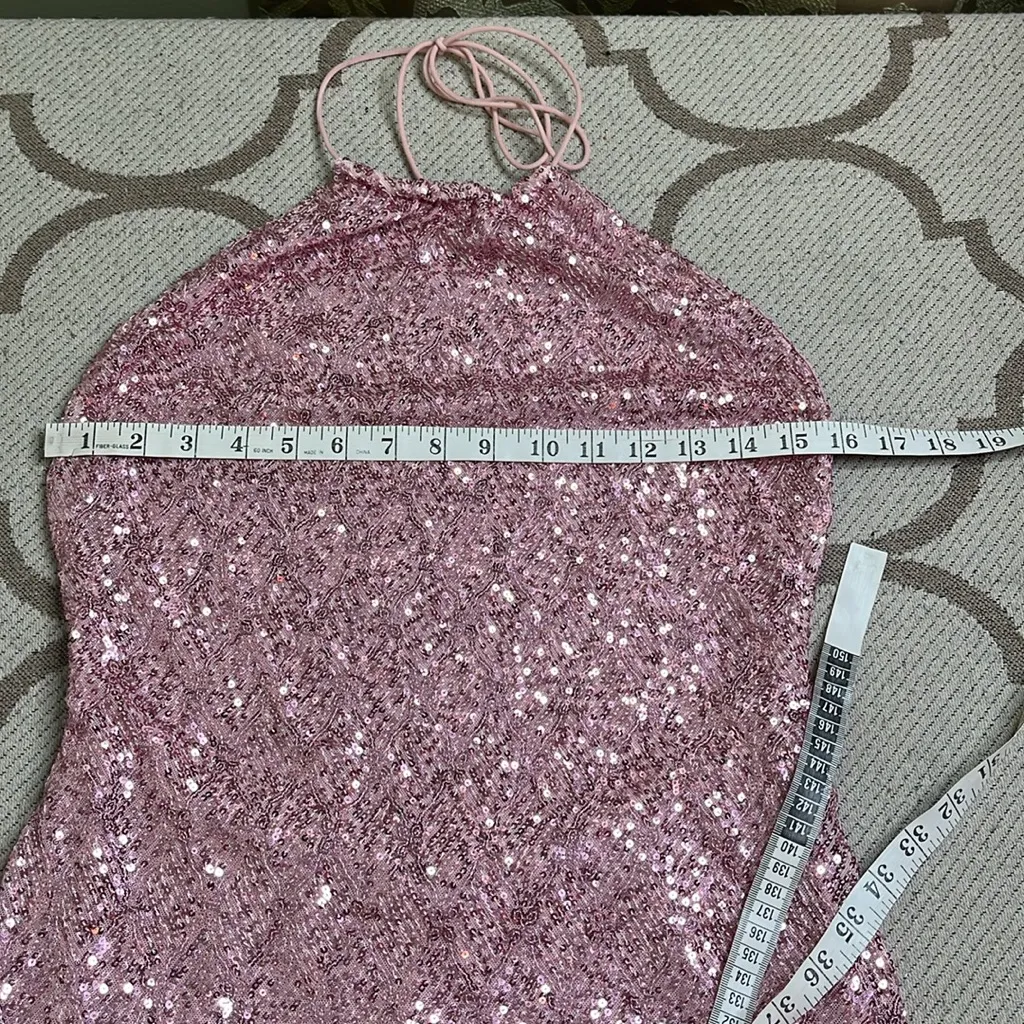 Edikted Sparkling Pink Sequin Open Back Halter Mini Dress, size large - Image 7