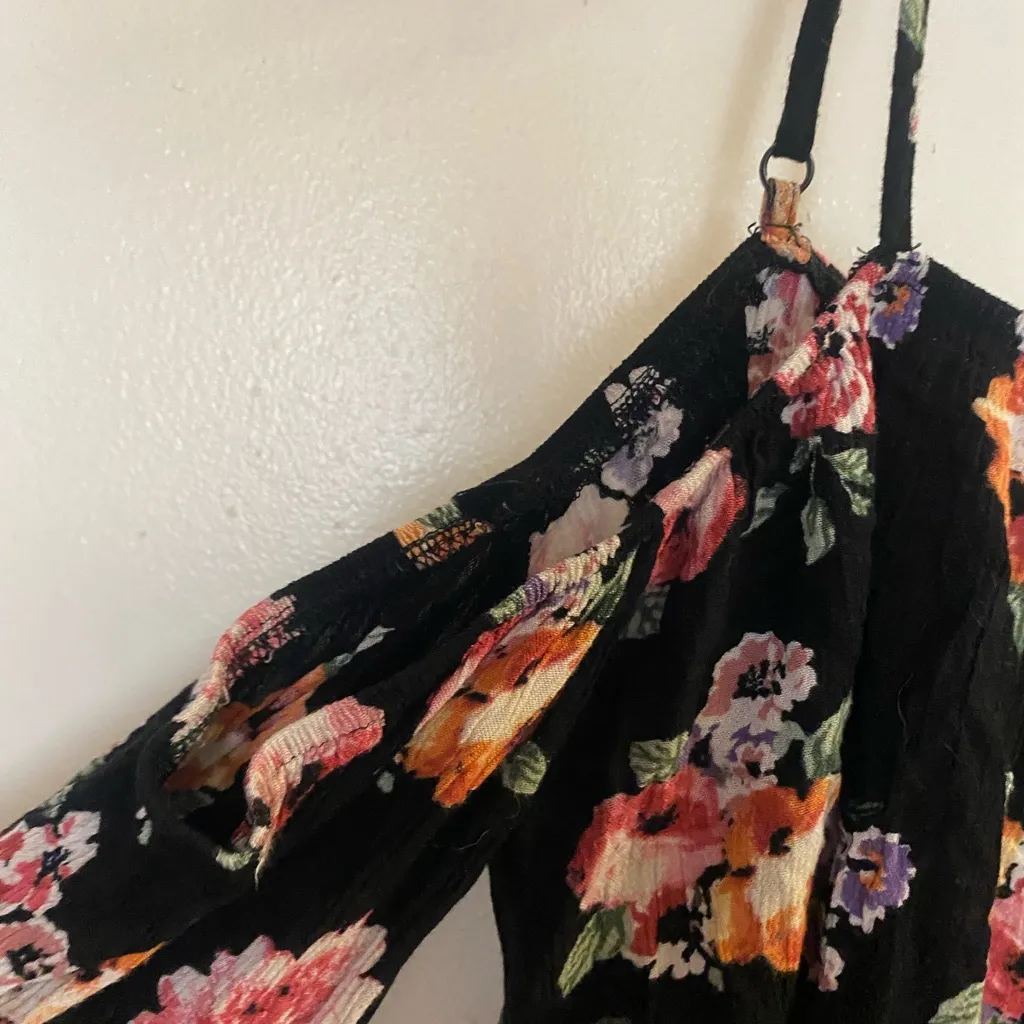 Oboe Womens Top Shirt L Large Sleeves Tank Black Floral Pattern Bust 38” 40” 42” - Image 2