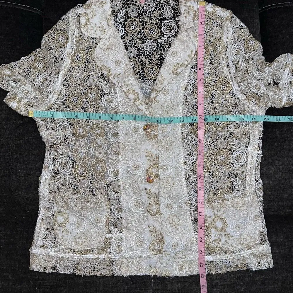 Manoush Vintage White & Gold Floral Lace Short Sleeve Jacket Size 8 - Image 12