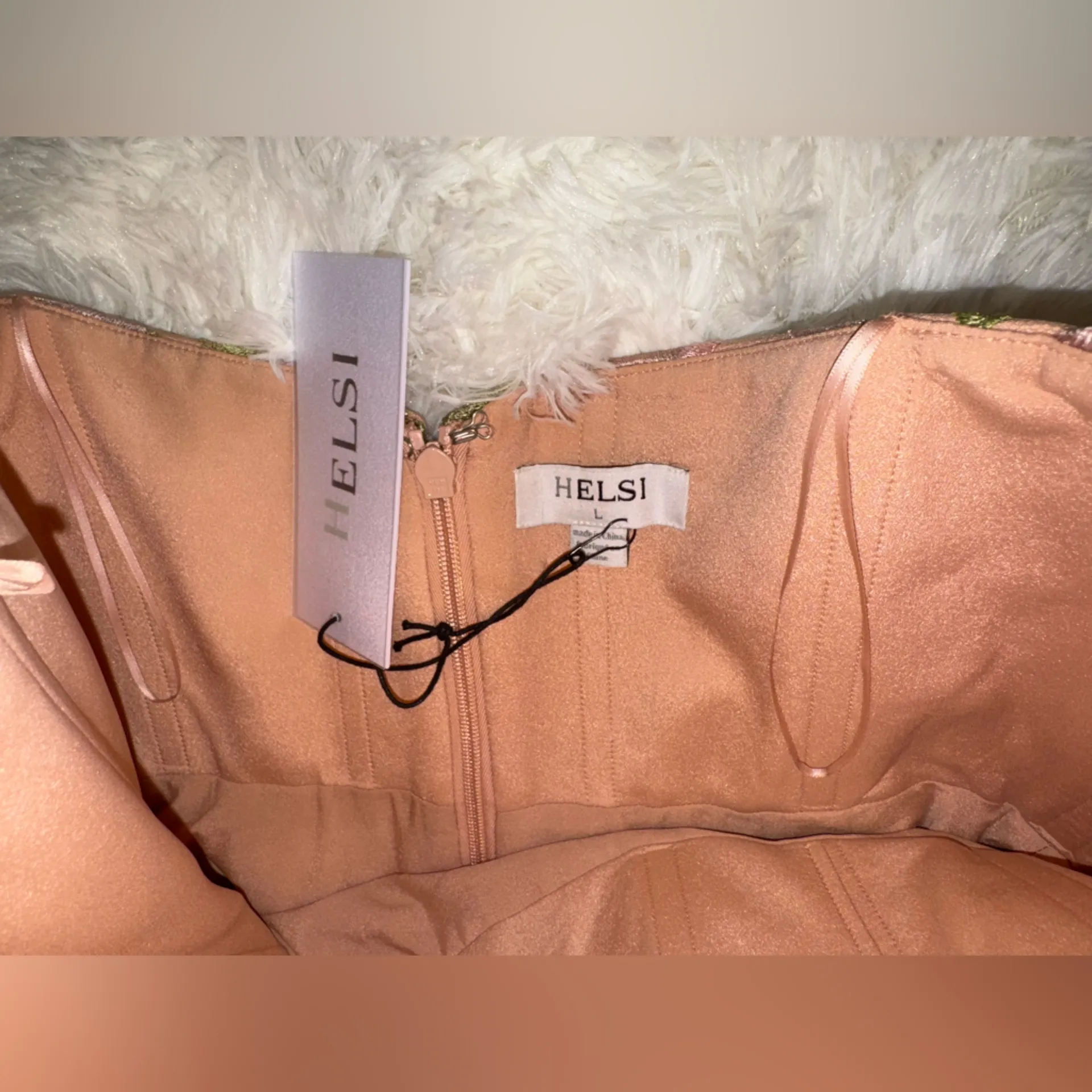 NWOT HELSI Noemi Embroidered Floral Strapless Cocktail Dress sz L Tan Size L - Image 6