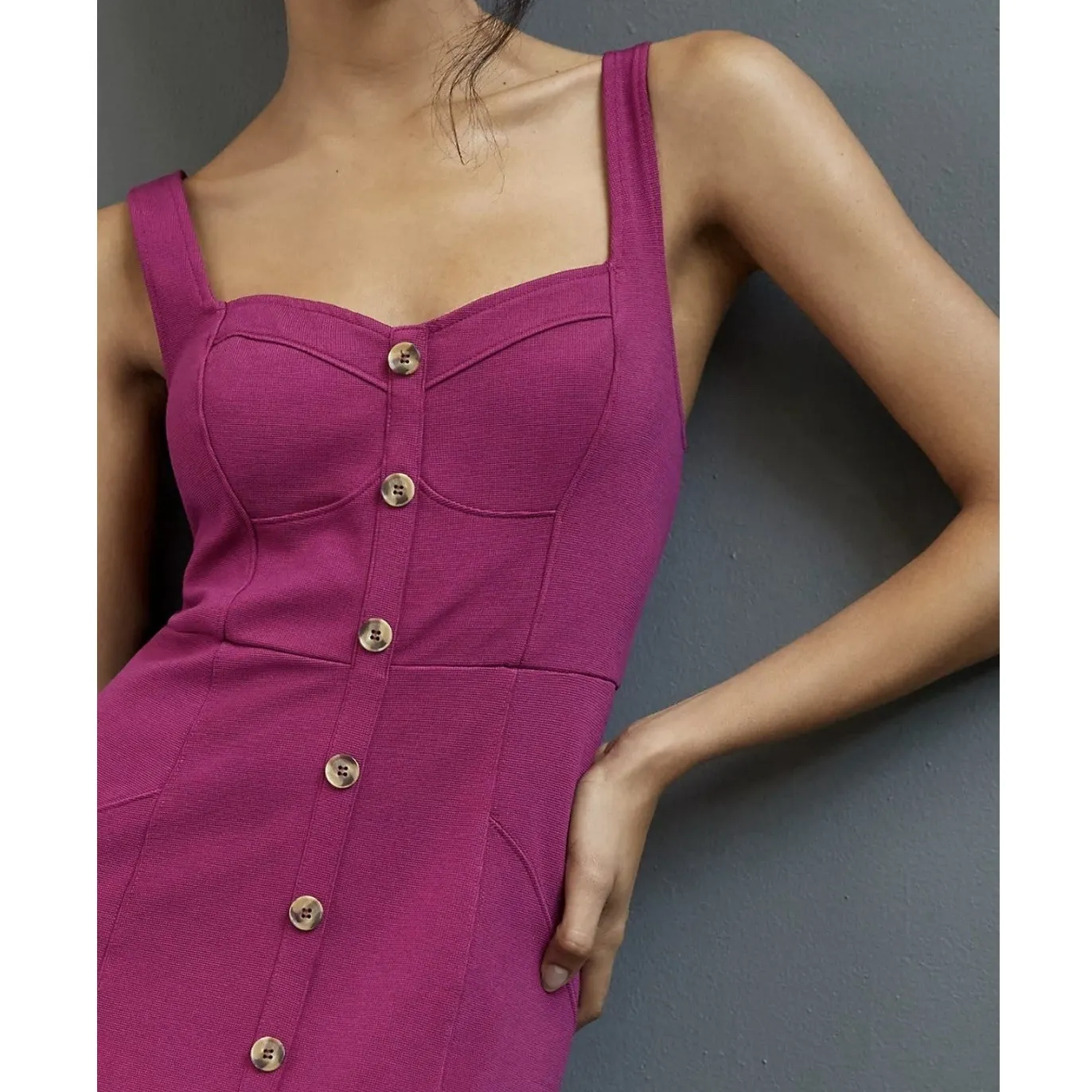 Maeve Anthropologie Midi Dress Size 0 Magenta Button Front Fitted Sleeveless - Image 3