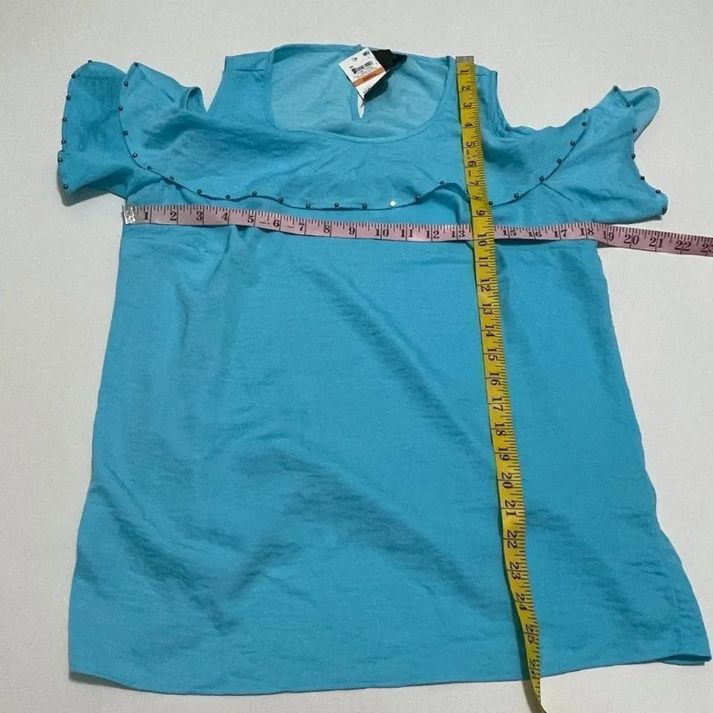 JM Collection Cold Shoulder Studded Top Short Sleeves Ruffles Bright Blue Small - Image 4