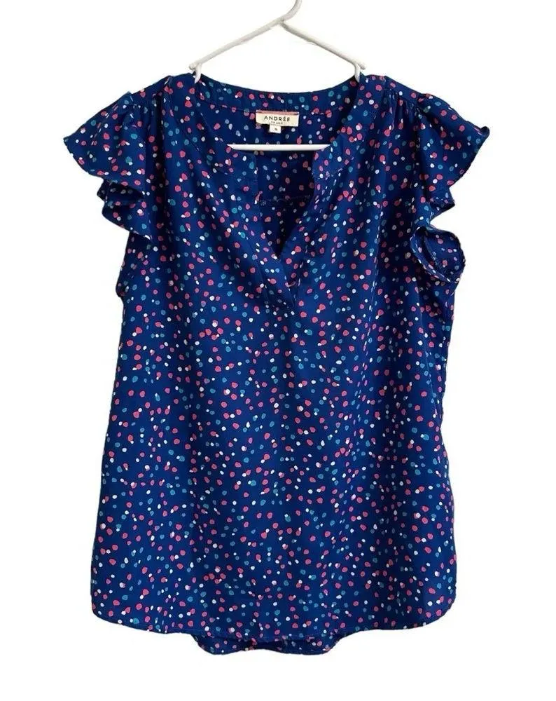 Andree by Unit Blue Pink Polka Dot Ruffle Cap Sleeve Women’s S Flowy Lightweight - Image 3