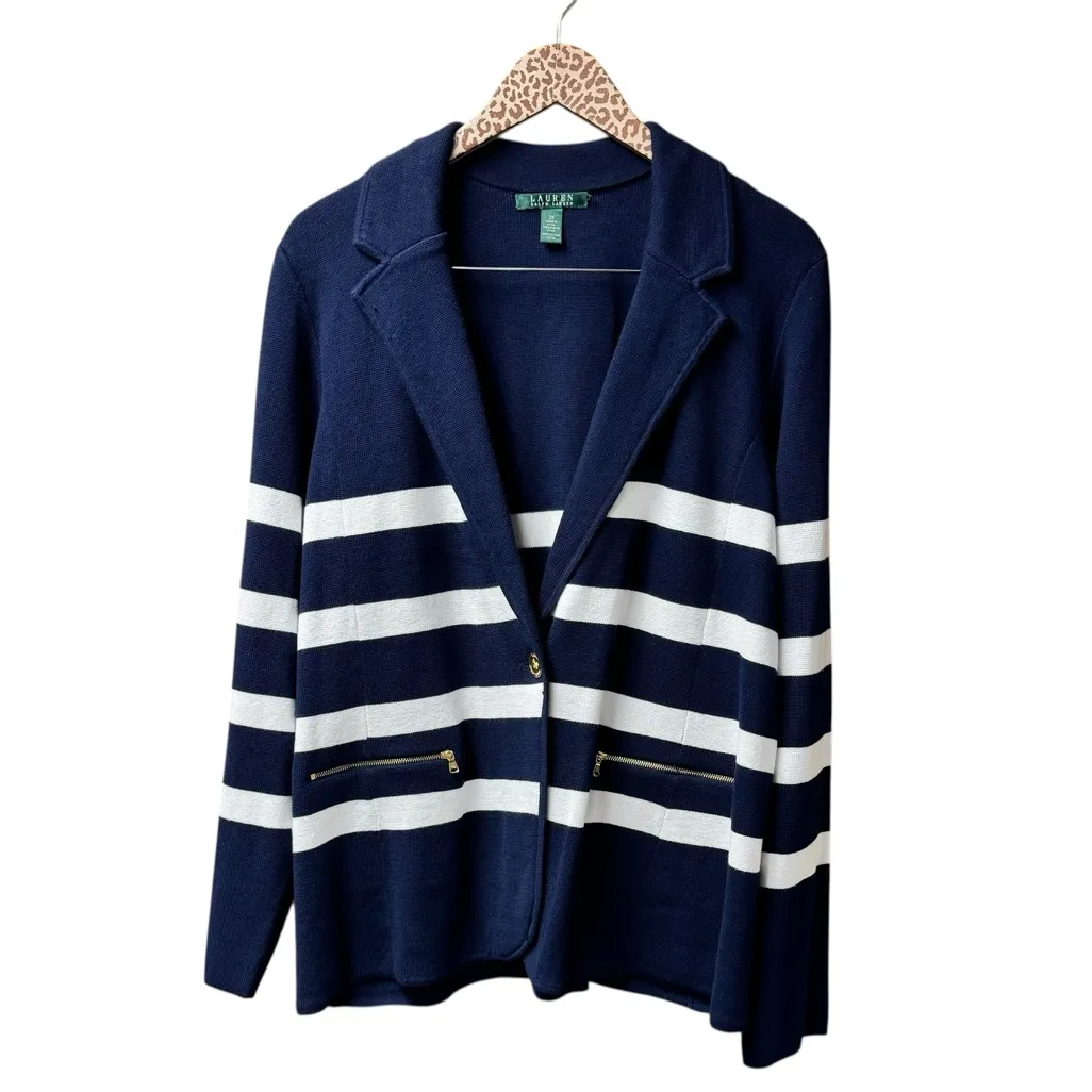Lauren Ralph Lauren LRL Striped Cotton Knit Sweater Blazer Button Zippers 2X Blue - Image 2
