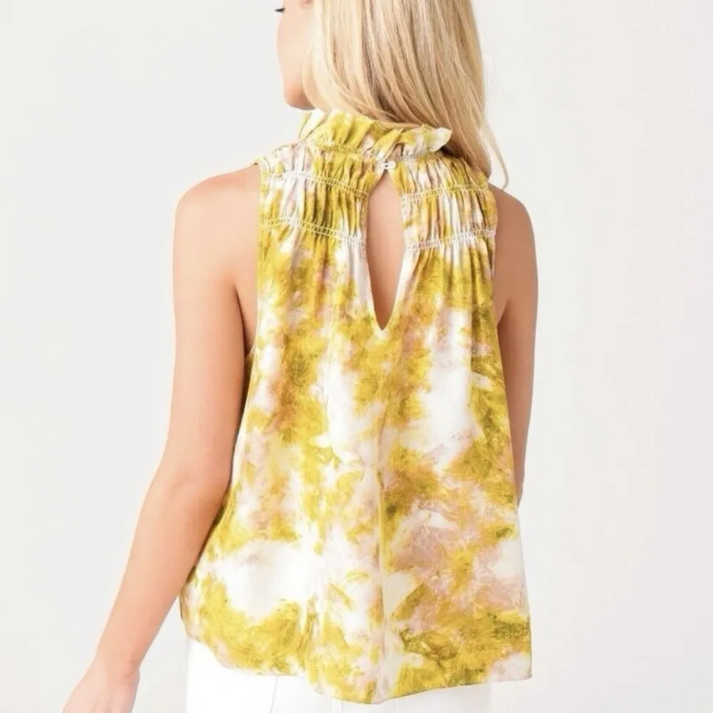 Joie Summer Porcelain‎ Print Summer Sleeveless Smocked Satin Fern Top Blouse - Image 4