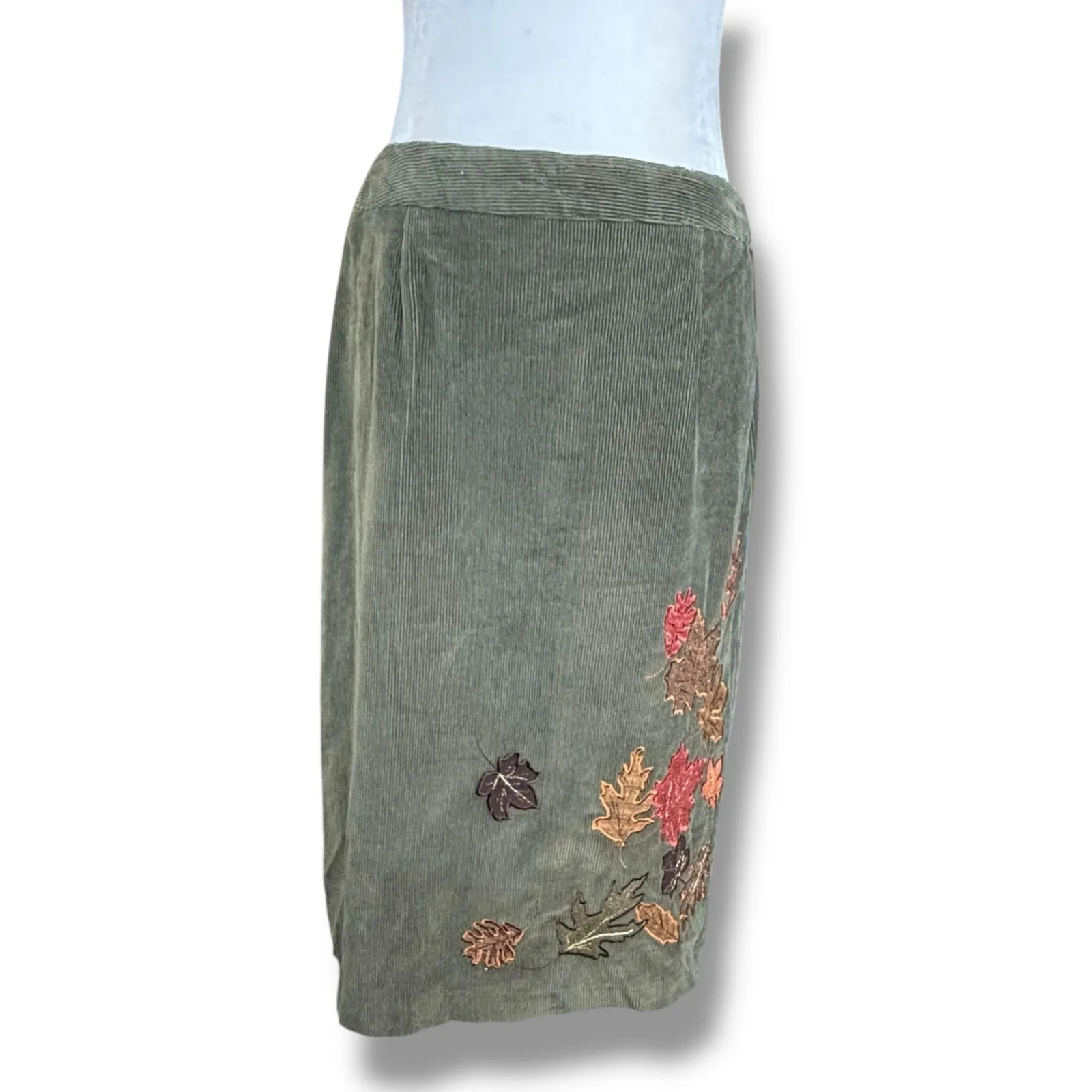 Vintage Petites Olive Green Corduroy Skirt Embroidered Autumn Leaves Midi 8P Size 8 - Image 9