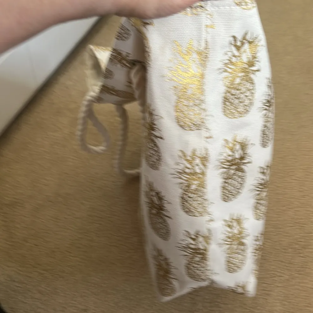 Cream/Gold Pineapple Print Cotton Blend Beach Bag Gold - Image 7
