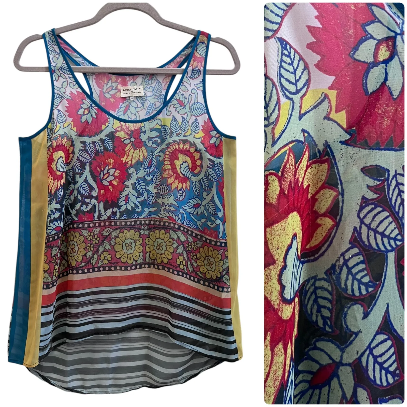Dream Daily Anthropologie Boho Print Semi Sheer Racerback Tank Top Size Small - Image 2