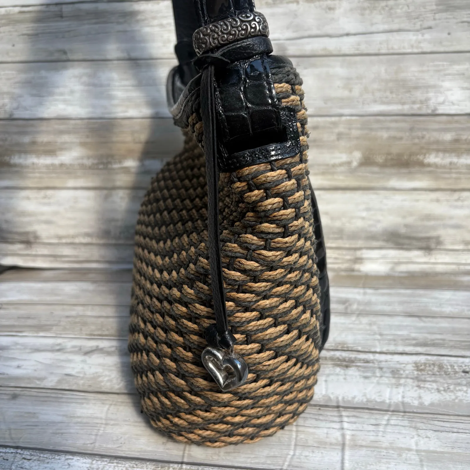 VTG Brighton Purse Janie Shoulder Bag Brown Black Patent Leather Woven Straw Y2k - Image 5