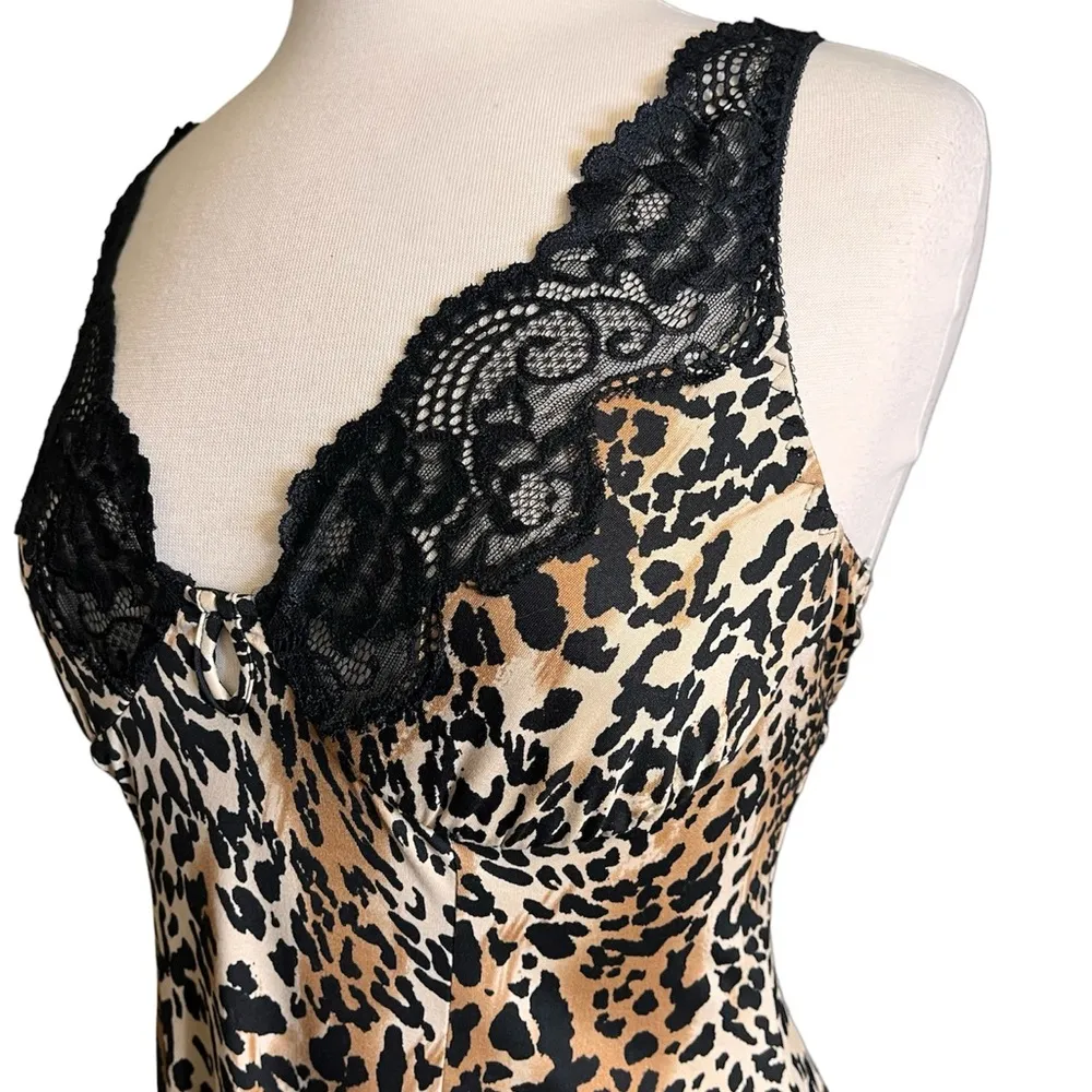 Leopard Print Slip Dress Nightgown Nightie Lace Lingerie M Medium Black - Image 2