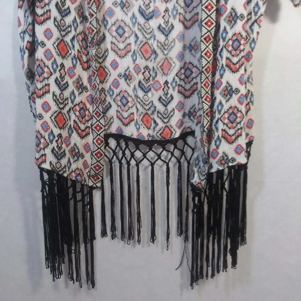 Skies Are Blue Light Weight Fringe Open Shrug Cardigan Beachy Boho Size L - Image 4