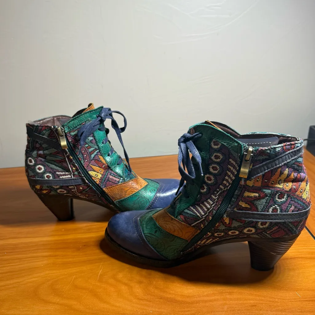 Socofy Bohemian Splicing Pattern Leather Ankle Boots Side Zip Lace Up Brocade 39 Blue Size 8 - Image 6