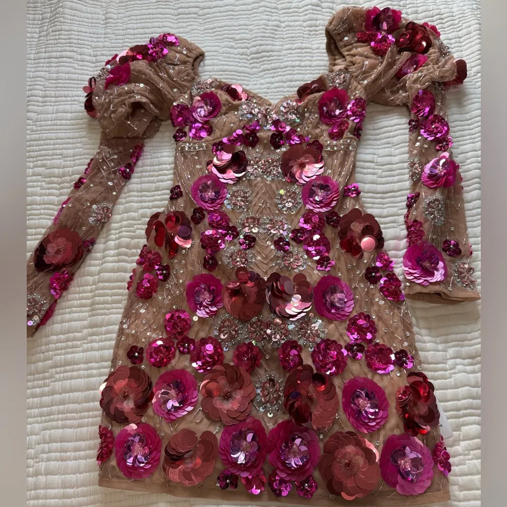 ASOS LUXE 3D floral embellished puff sleeve mini dress in pink - Image 7