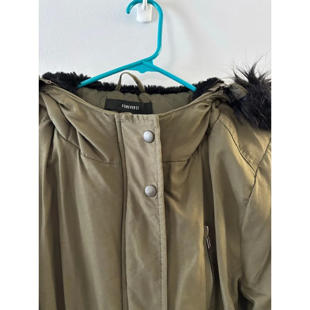 Forever 21 Womens Winter Coat Large Olive Green Parka Faux Fur Hood - Image 2