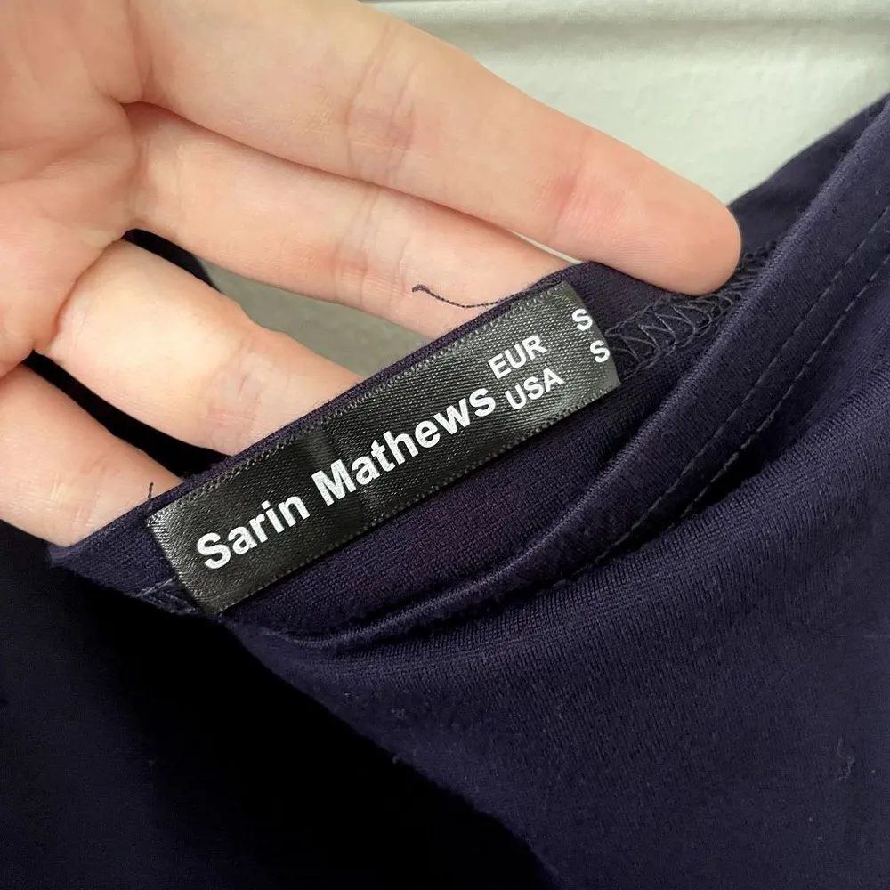 Sarin Matthews dark navy blue asymetrical semi formal off the shoulder dress - Image 3