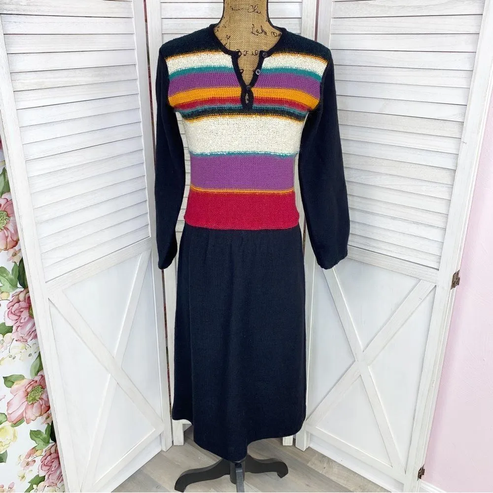 Vintage 70s DeJaVu Striped Knit Fit & Flare Dress Black Multi Medium Long Sleeve - Image 8