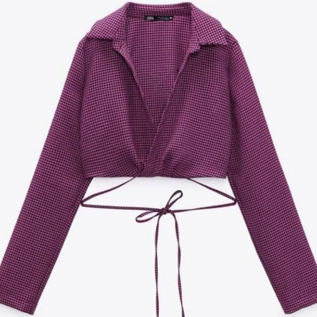 NWOT ZARA Houndstooth Long Sleeve Wrap Crop Polo Top 3067/477/032 - Image 3