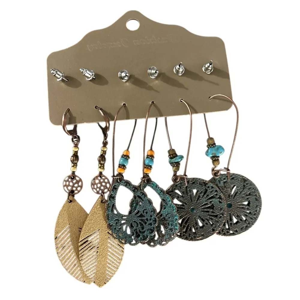 Blue Tan Bronze Silver Earrings Set 6 Pairs - Image 5