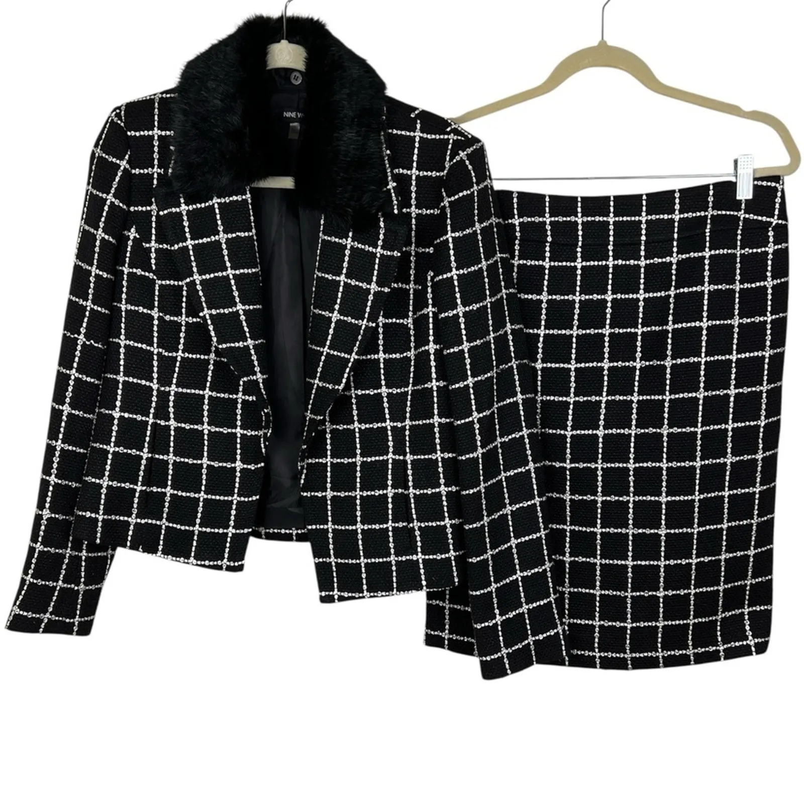 Nine West Tweed Black White Plaid Jacket and Skirt Set 6/8 Faux Fur - Image 4
