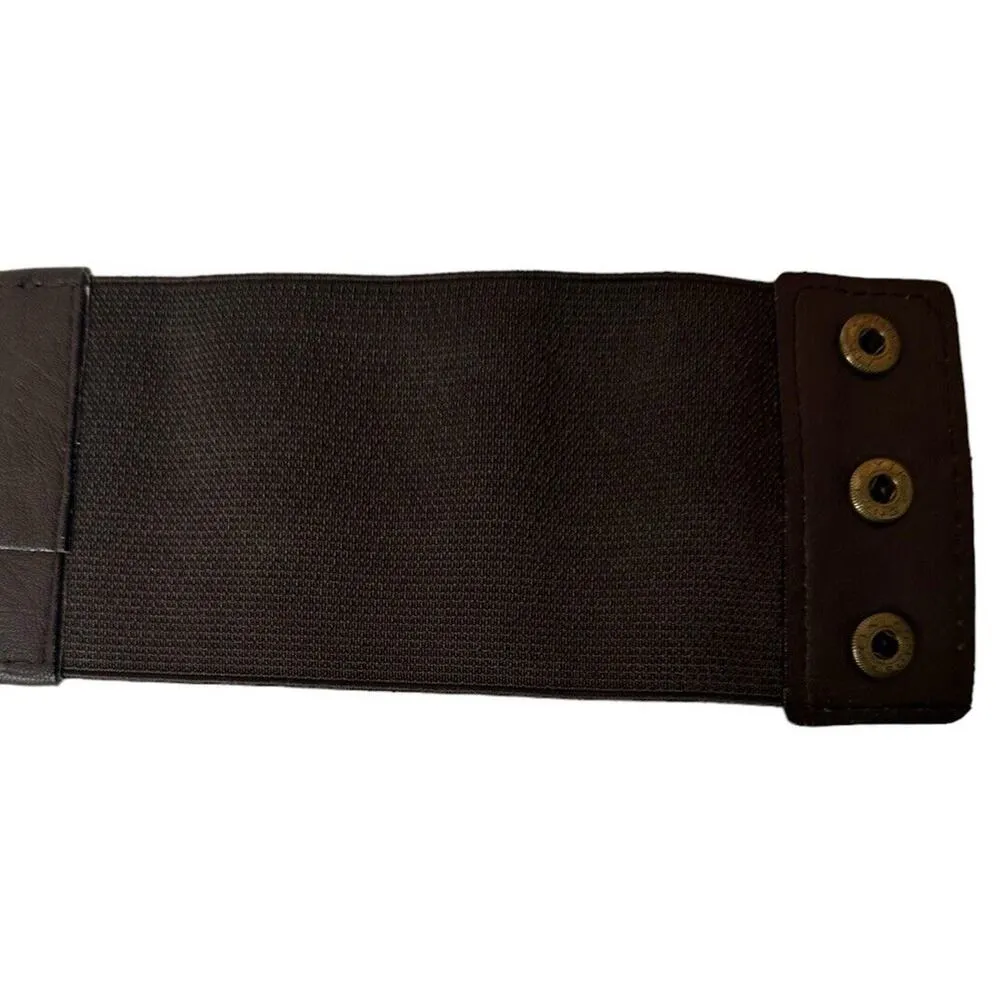 Vintage ANGIE Wide Brown Beaded Faux Leather Elastic Stretch Snap Closure Belt - Image 9