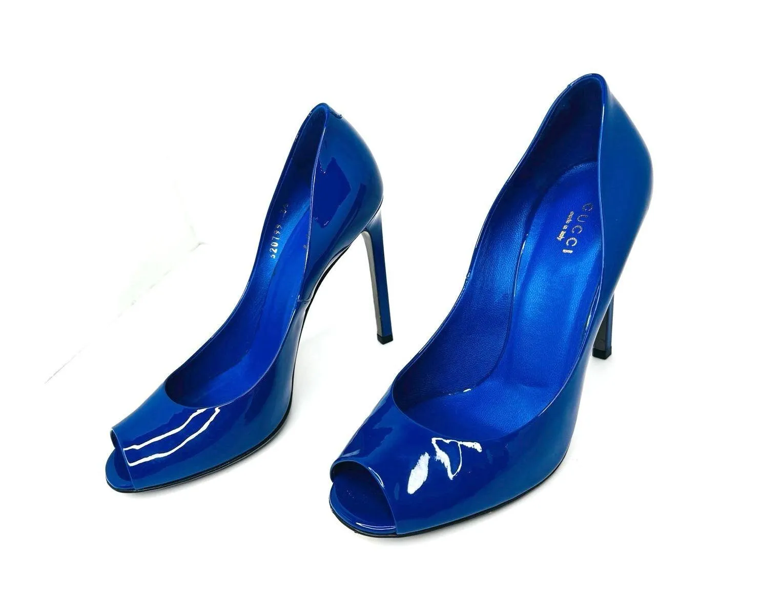 Gucci Vernice Crystal Peep Toe Pumps Ink Blue Patent Leather Heels Size 38.5 - Image 8