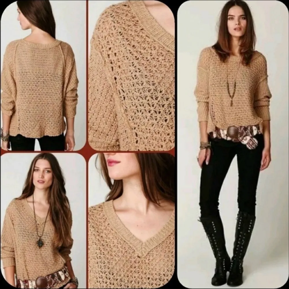 Free People Baja Laguna Coast Pullover Open Crochet Knit Sweater Tan Size Medium - Image 6
