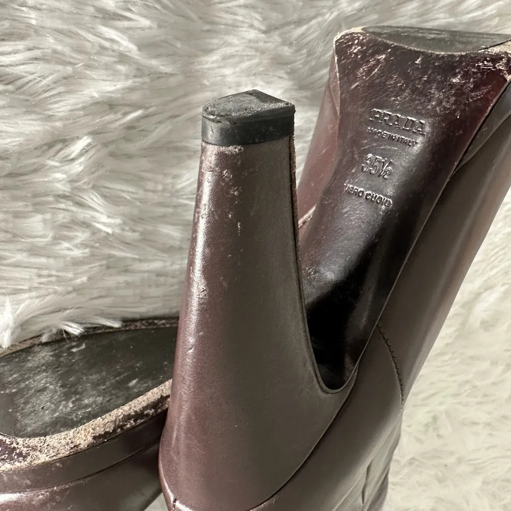 Authentic PRADA Brown Leather Tall‎ Boots Sz 35.5 35 1/2 - Image 9