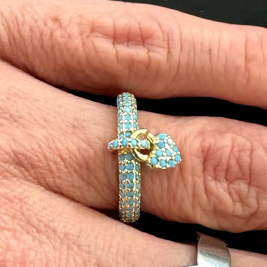 Gold Tone Turquoise Paved Heart Charm Adjustable Ring Women's Stainless Steel - Image 2