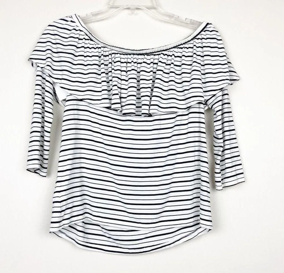 American Eagle White Striped Off The Shoulder Flounce Top Sz S - Image 5