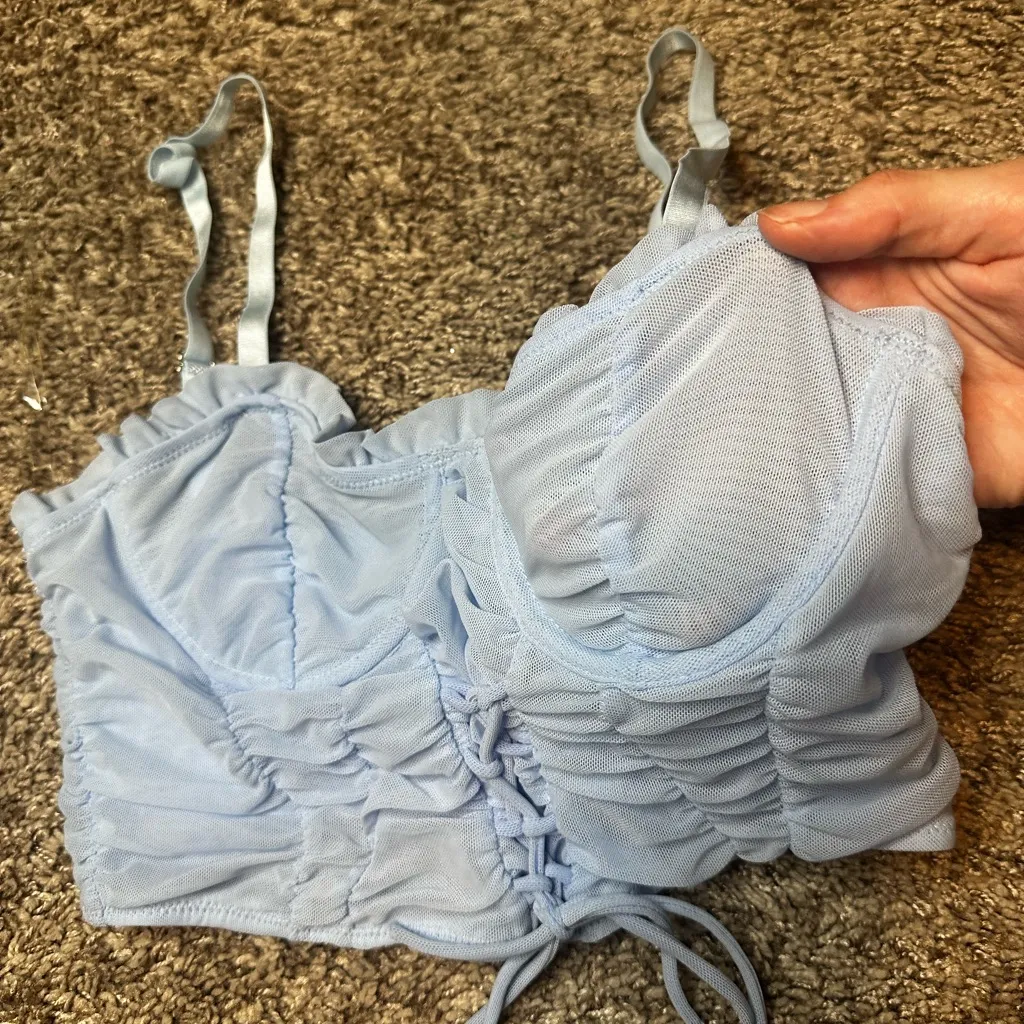 Tic Toc Elegant Sky Blue Ruched Crop Top - Image 2